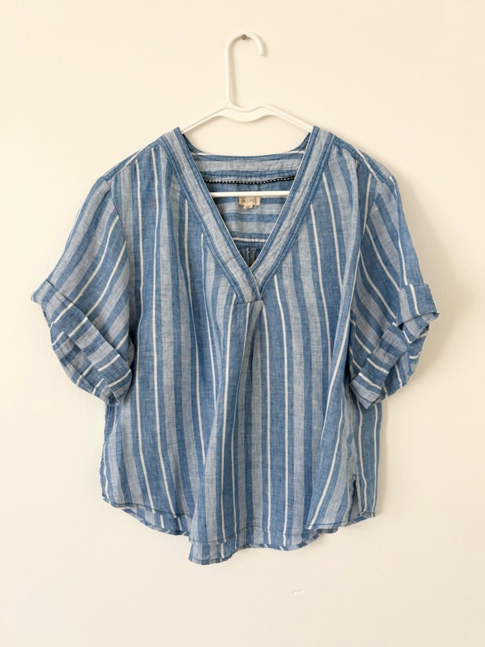 Anthropologie Pilcro Blue White Striped Deep V Cuffed Sleeves Linen Tee Medium - Picture 2 of 7